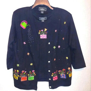 Bobbie C XL Cotton Black Multicolor Floral Embroidered Cardigan & Tank Top